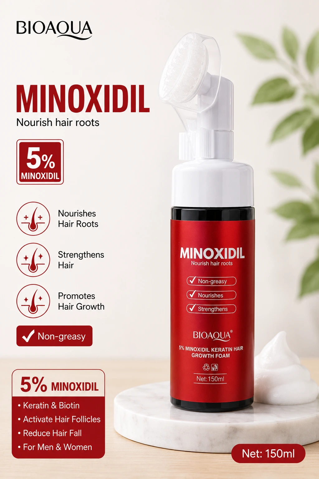 BIOAQUA Minoxidil 5% Keratin Hair Growth Foam – 150ml